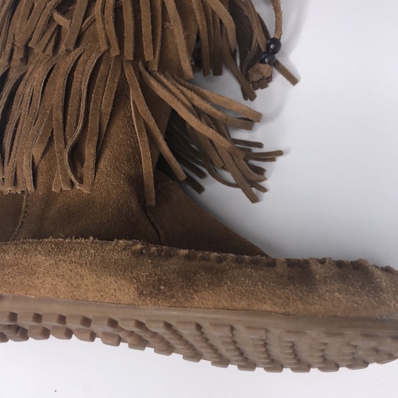 Minnetonka Brown Suede Leather Double Fringe Slide-on Moccasins Ankle Boots - Picture 6 of 10